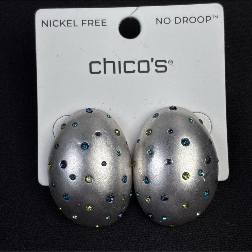 Chico's Matte Brushed Silvertone No Droop Post Earrings Multi-Color Stone 1.25"